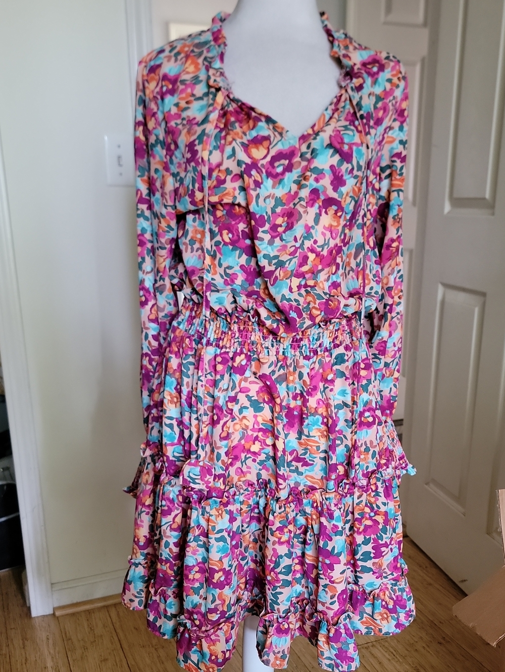Floral Ruffle Tiered Long Sleeve Dress - Pink Multi